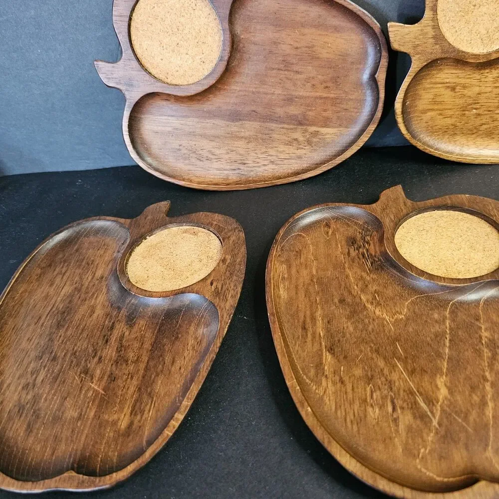 Set 5 Midcentury Wooden Apple Snack Drink Plate, Vtg Gail Craft Party Plates 6x8
